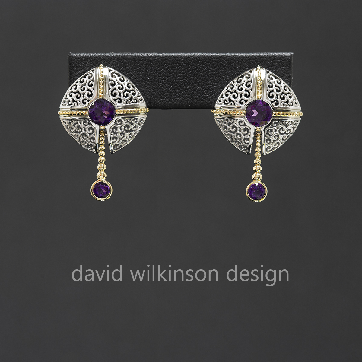 Amethyst earrings in a Gothic filigree design