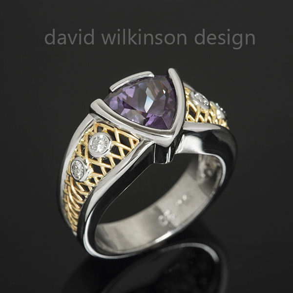 Amethyst and Diamond Ring with 2-tone Trellis Design